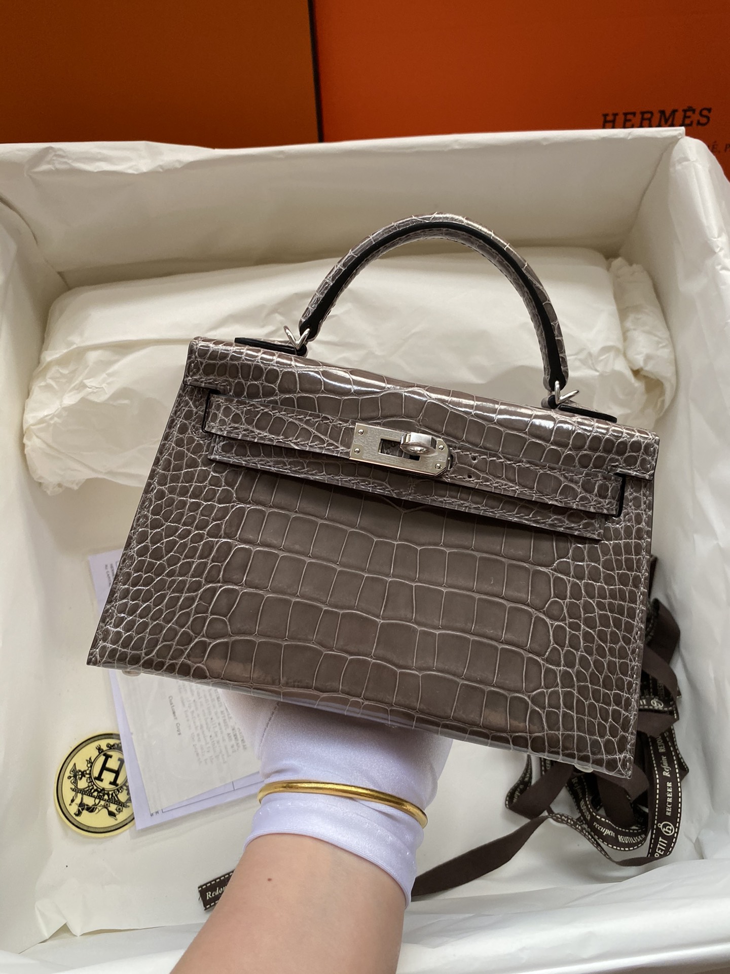 Hermes Kelly Mini II Bag 19CM In Etoupe Shiny Alligator Leather